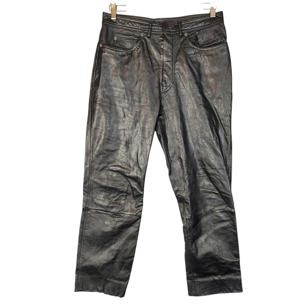 Vintage 90s Leather Pants Men's Size 34x29 Black Straight Leg Five Pocket Biker